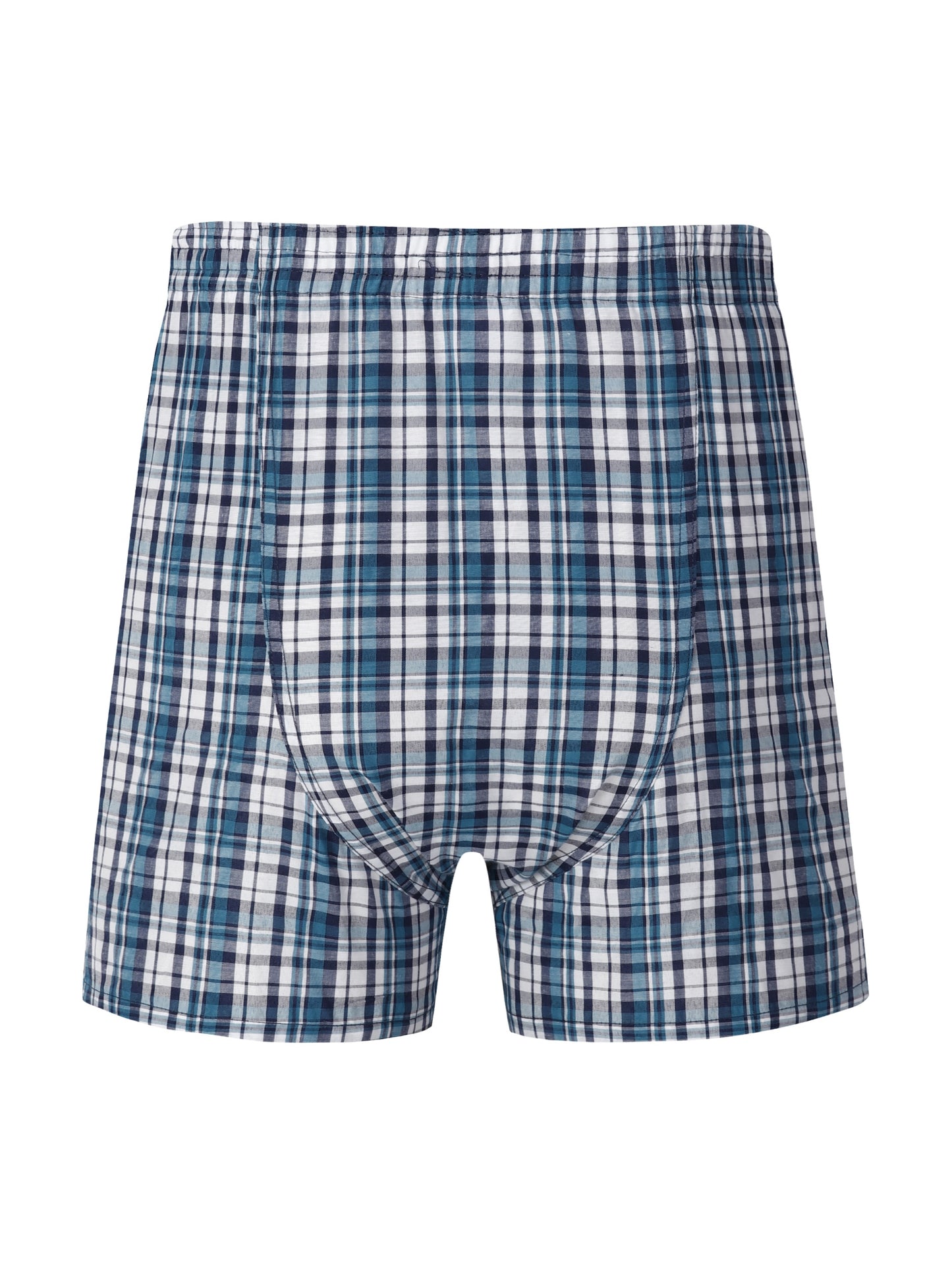 6 JupiterSecret Men's Plaid Boxer Shorts with elastic waistband and button detail.