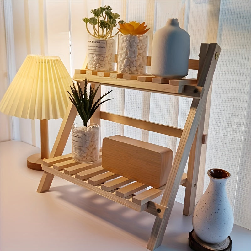 Modern Foldable Wooden Double-Layer Desktop Ladder Shelf, Ideal for Dorm Rooms - No Electricity or Battery Required