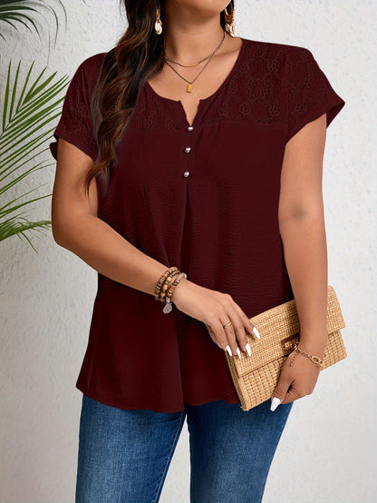 Elegant plus size women's top with lace detail and V-notch neckline, made of non-stretch polyester knit fabric, suitable for spring/summer/autumn. SKC: 3089137822.