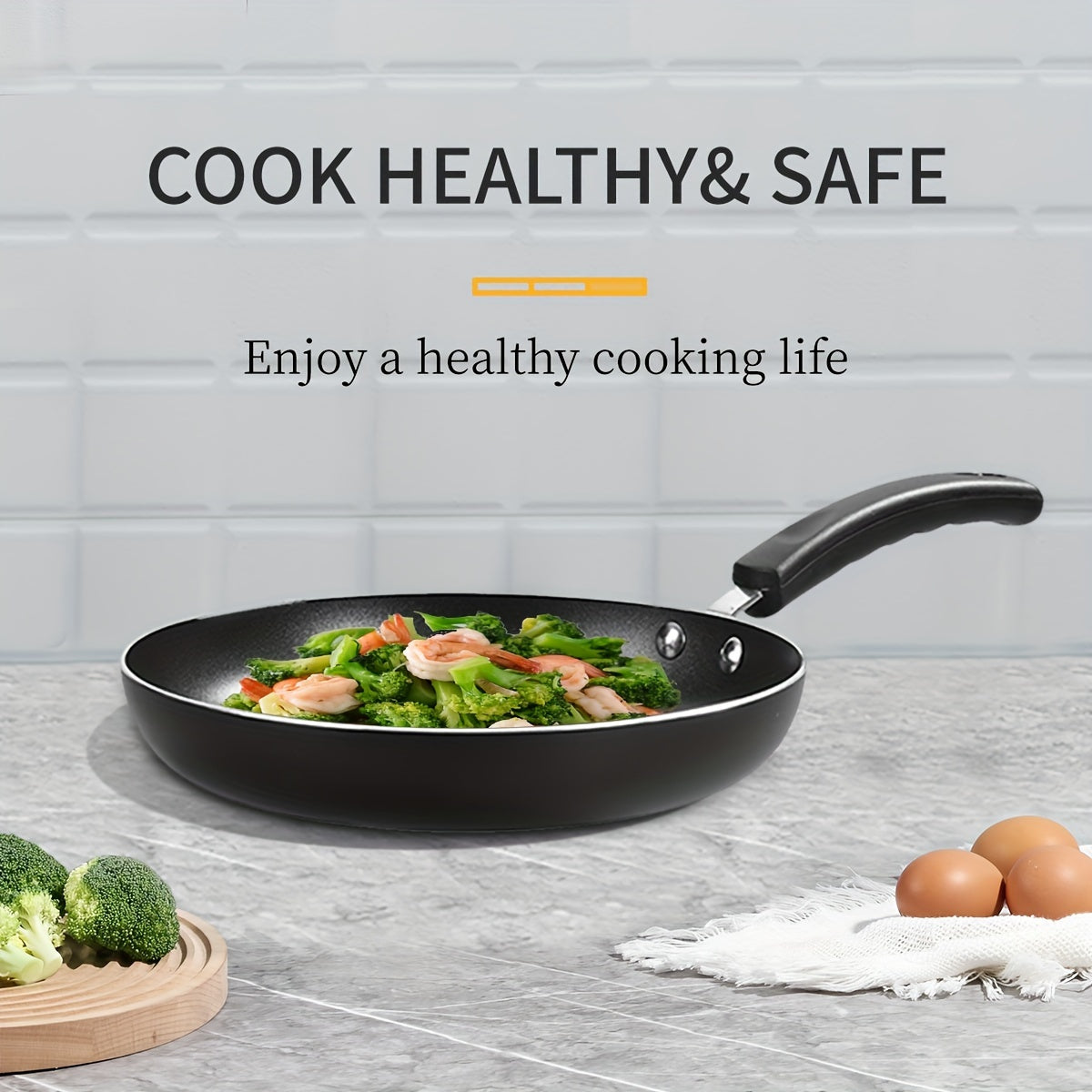 Set of 3 nonstick frying pans, featuring golden ceramic induction cookware. Includes 20.32cm, 24.13cm, and 27.94cm skillet omelette egg frying pans. This kitchen cooking pan set is PFOA and PFAS free.