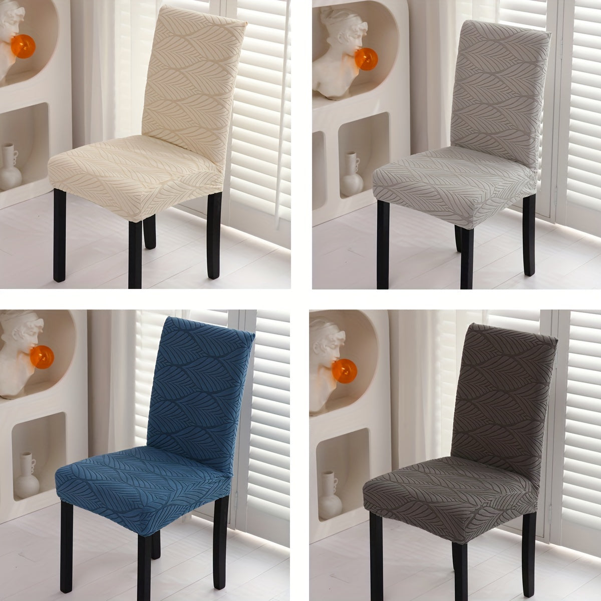 Elastic dining chair slipcovers with leaf pattern, removable and stretchable, made of polyester and spandex blend. Machine washable with elastic band closure. Suitable for home, office, and banquet hall decor.