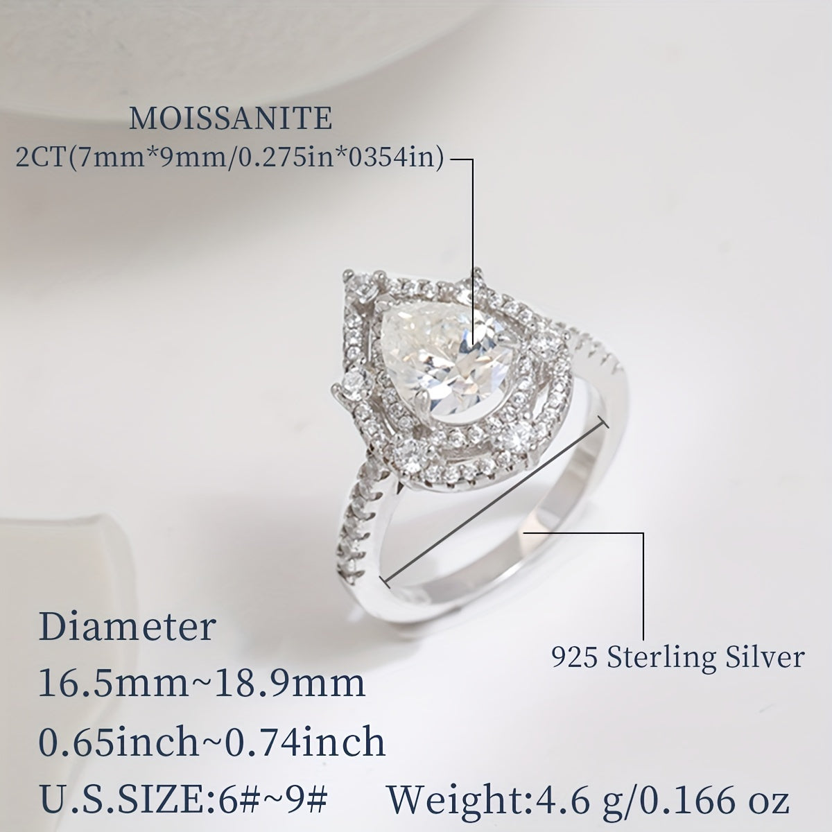 Elegant Valentine's Day and Mother's Day Gift: Double Layer Love Ring for Women made of Hypoallergenic 925 Sterling Silver with a 2ct Pear Shaped Moissanite. Perfect for Engagement or Wedding, comes with Moissanite Certificate and Exquisite Gift Box.