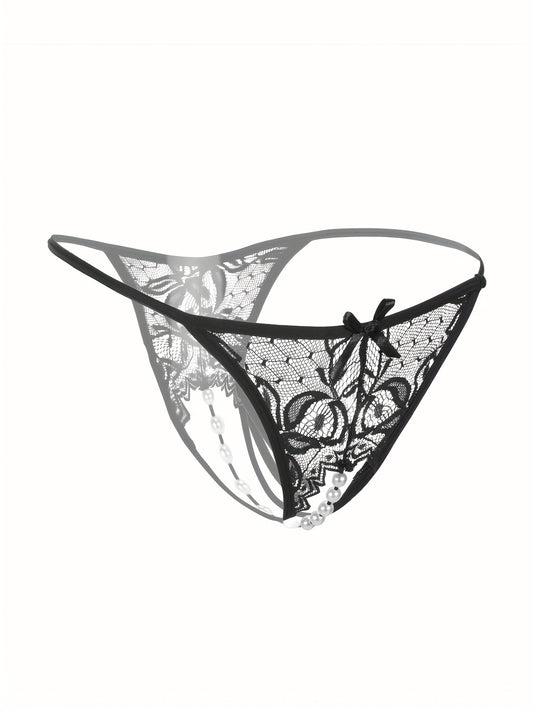 Floral lace thongs with faux pearl detail and open crotch - sexy and comfortable lingerie