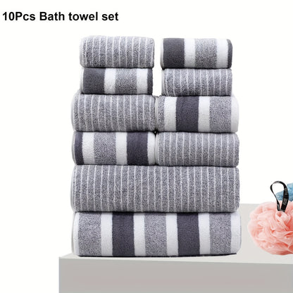 10-piece striped microfiber towel set includes 2 bath towels, 4 hand towels, and 4 washcloths. Perfect for home, hotel, and spa use due to their quick-dry and absorbent qualities.