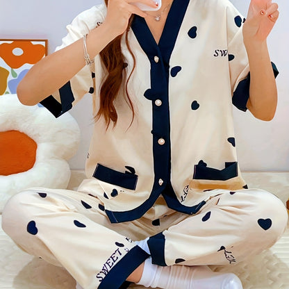 Summery short-sleeved women's pajama suit with sweet V-neck cardigan and thin material perfect for summer.