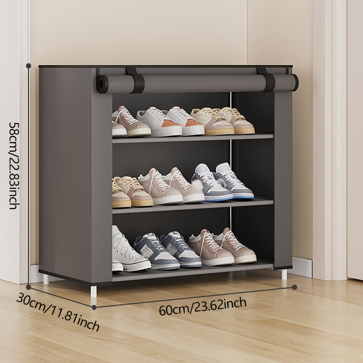 Compact shoe rack with cover, fabric material, simple assembly, high storage capacity, portable for home, dorm, or entryway, available in multiple layers and sizes.