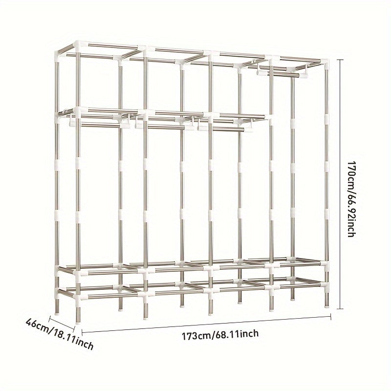 This bedroom wardrobe features a simple design and is made of durable elk cloth. It is sturdy, dust-proof, and includes a steel frame and thick straps for extra reinforcement. The wardrobe has three hanging clothes poles, four drawers, and a