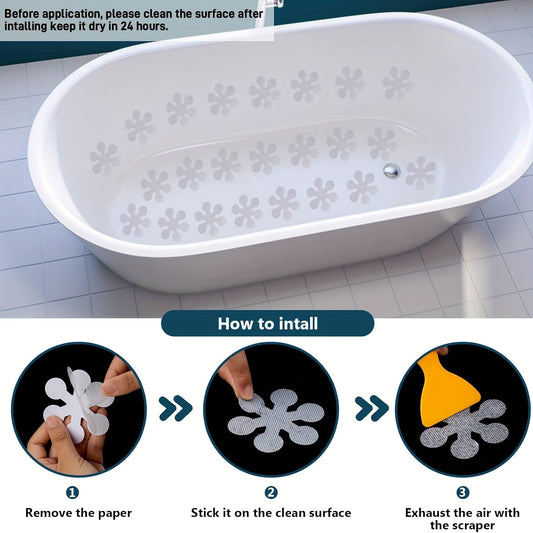 Non-slip bathtub stickers available in sets of 3, 12, or 24. These transparent snowflake-shaped floor stickers are perfect for use in bathtubs, shower floors, stairs, or ladders.