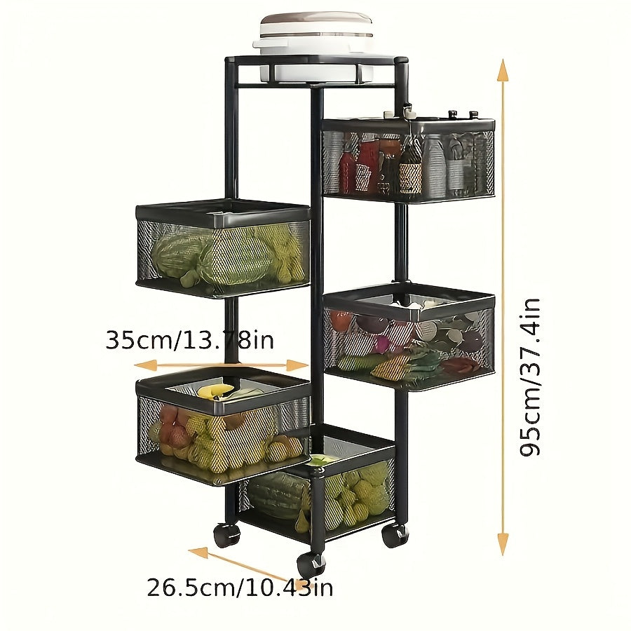 Square 4-tier metal rotating storage rack on wheels for kitchen and bathroom. Golden tube frame, pre-assembled for convenience.