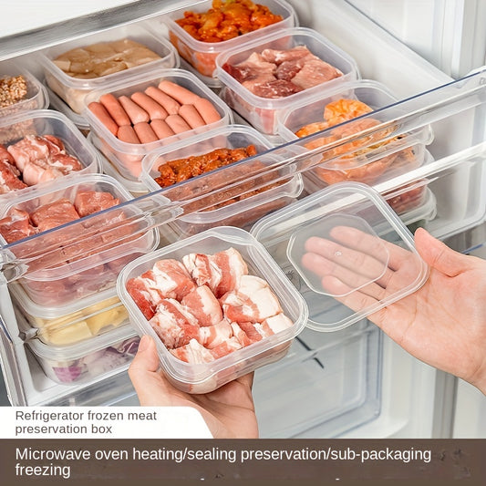 4 clear food storage boxes with locking lids, multifunction food containers for baking supplies, fruits, vegetables, and household organization in the refrigerator.