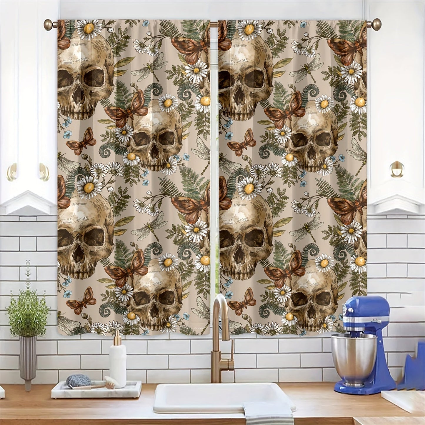 Semi-Transparent Halloween Skull & Butterfly Chrysanthemum Curtains - Set of 2, Privacy-Protecting Drapes for Living Room and Bedroom Decoration