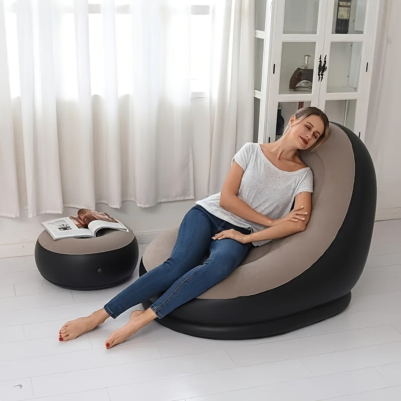 The Khaki Lazy Sofa is a versatile and convenient option for relaxation, whether at home, in the office, or outdoors. This foldable inflatable sofa comes with a foot cushion for added comfort. Made of hand washable PVC, this lounge chair is easy to clean