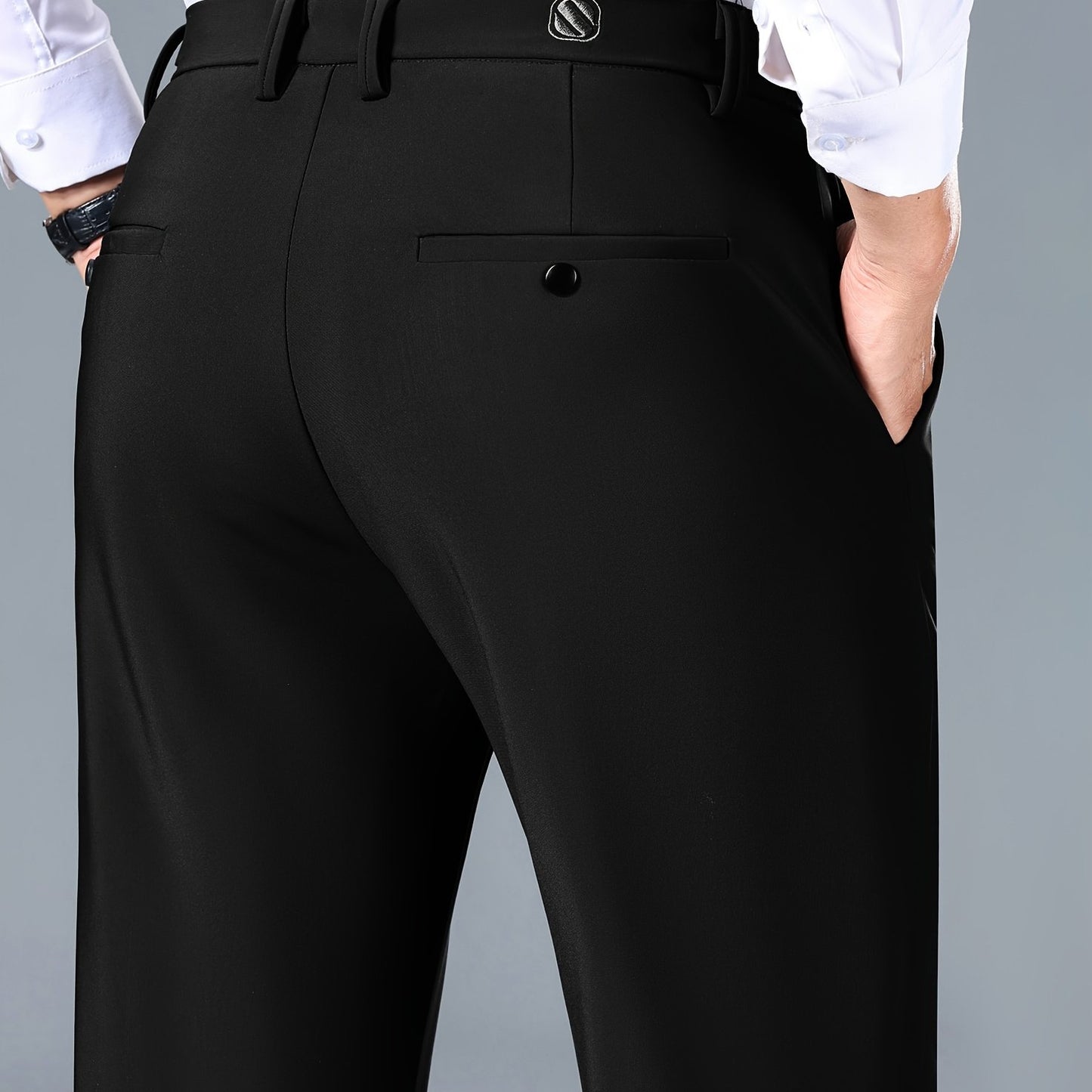 Slim fit stretchy men's pants suitable for both business and casual wear.