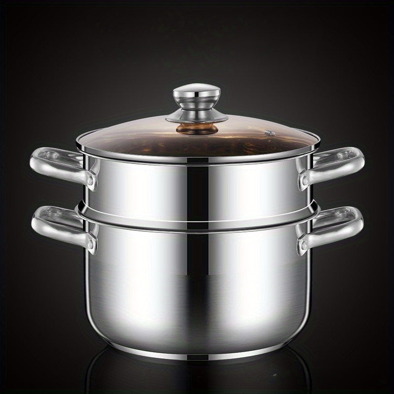 Stainless Steel Steamer Pot with Double Layer Basket, 21.84cm Size for Induction Cooktop and Gas Stove, Versatile Household Soup Pot for Cooking, Deep-Frying, and Hot Pot - Essential Kitchen Tool