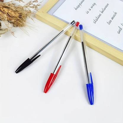 50 transparent round rod quick-drying ballpoint pens with black ink for office and school use.