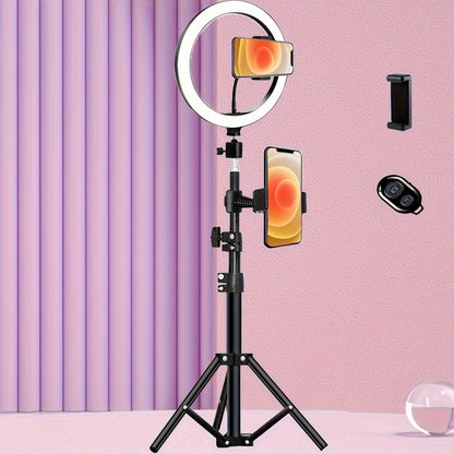 53.54-inch selfie ring light with tripod, dual phone holders, 3 color modes, and 12 brightness levels. USB powered for makeup, photography, video, and vlogging. Made of PP material.