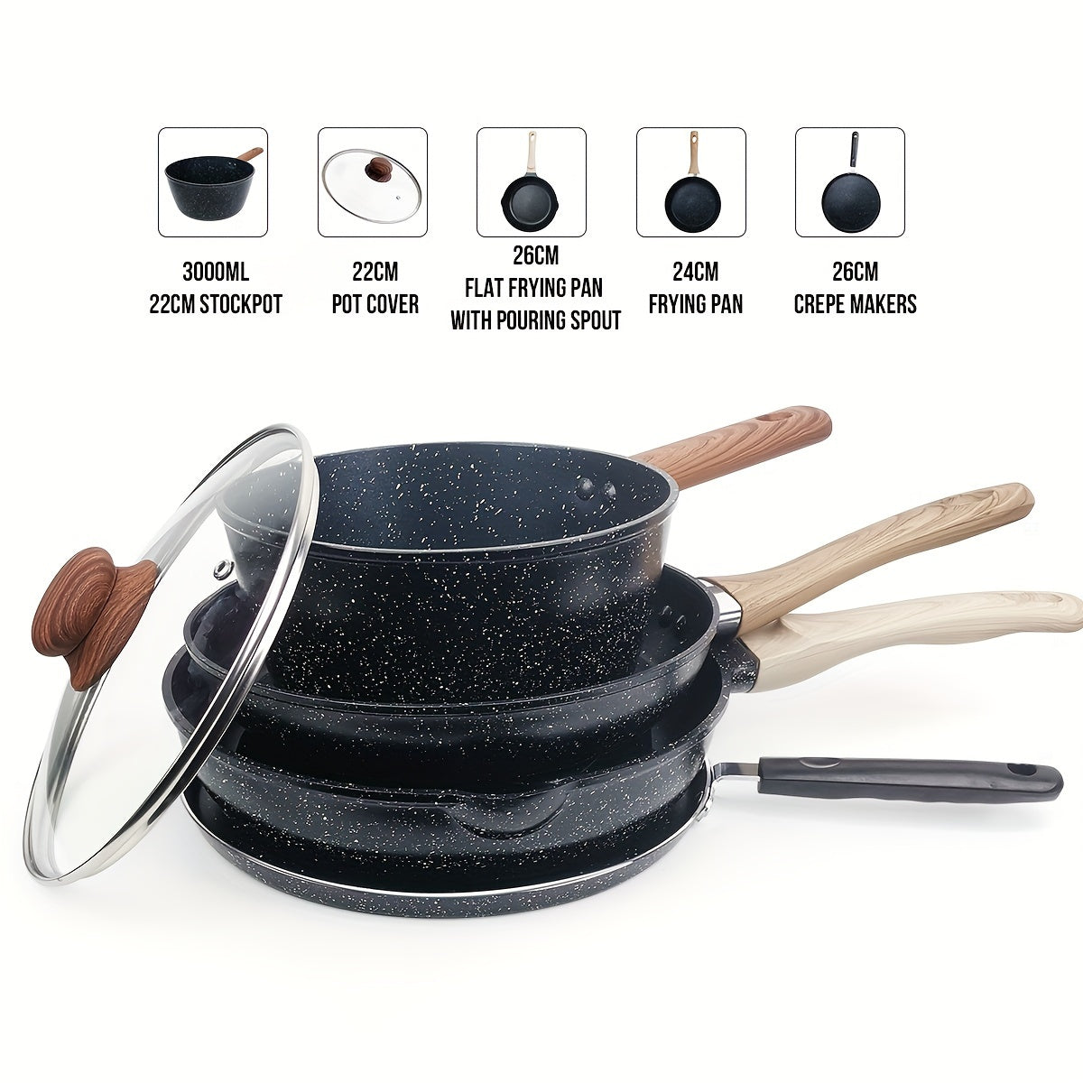 Cookware Set: 3-Piece Black Teflon Non-Stick Pot Set includes a 3L Soup Pot with Lid, 26cm Flat Bottom Frying Pan, and 24cm Frying Pan. Compatible with Electric Stove and Gas, perfect for cooking a variety of dishes in the kitchen.