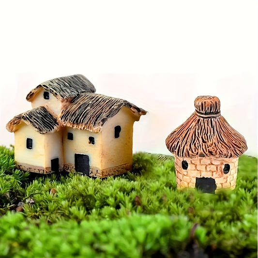 Set of 6 miniature resin house statues for DIY fairy gardens, bonsai, succulent decor, and glass planter accents.