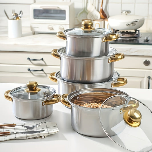 A multifunctional kitchen cookware set made of stainless steel comprising of 5 pots with double handles and 5 transparent lids. Compatible with gas stoves and induction cookers, suitable for cooking soup, stew, and noodles in 5 different sizes.