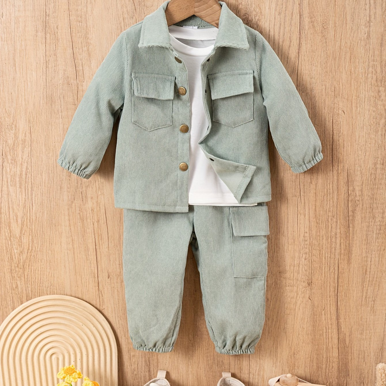 Kids casual outfit set includes stand collar long sleeve shirt coat top with long pants. Made of 100% polyester, suitable for all seasons. Regular fit with solid color and button detail.