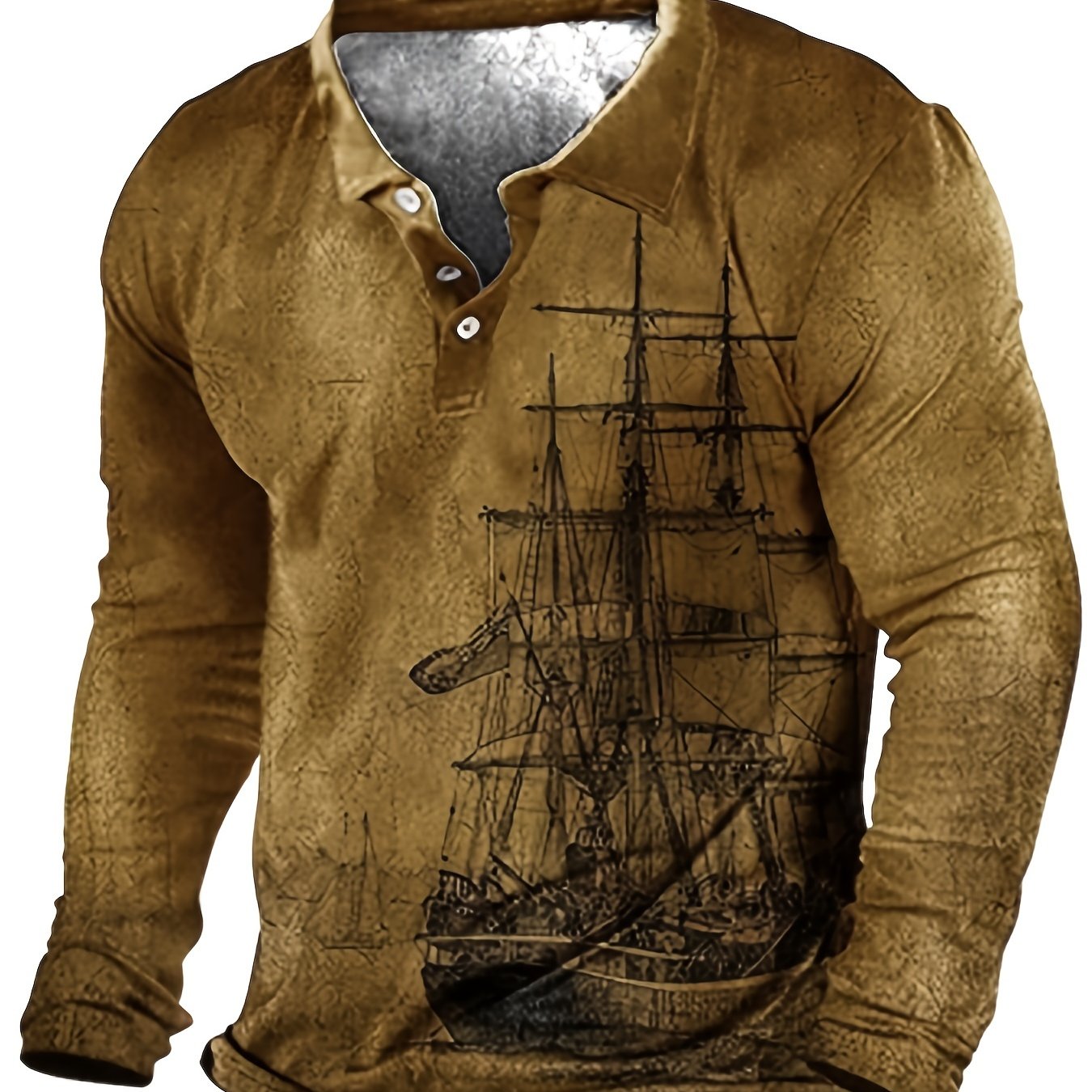 Oversized men's sailboat print shirt for spring/autumn, long sleeve golf shirt, plus size men's clothing