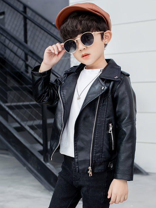 Kids' loose fit polyester jacket with lapel collar, solid color, long sleeves, and zipper detail. Suitable for all seasons.