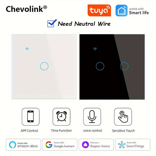 Chevolink WiFi Smart Light Switch with voice control, single pole, wall mount. Operate with Amazon Alexa & Google Assistant via app, no battery required. Supports AC100-240V and neutral