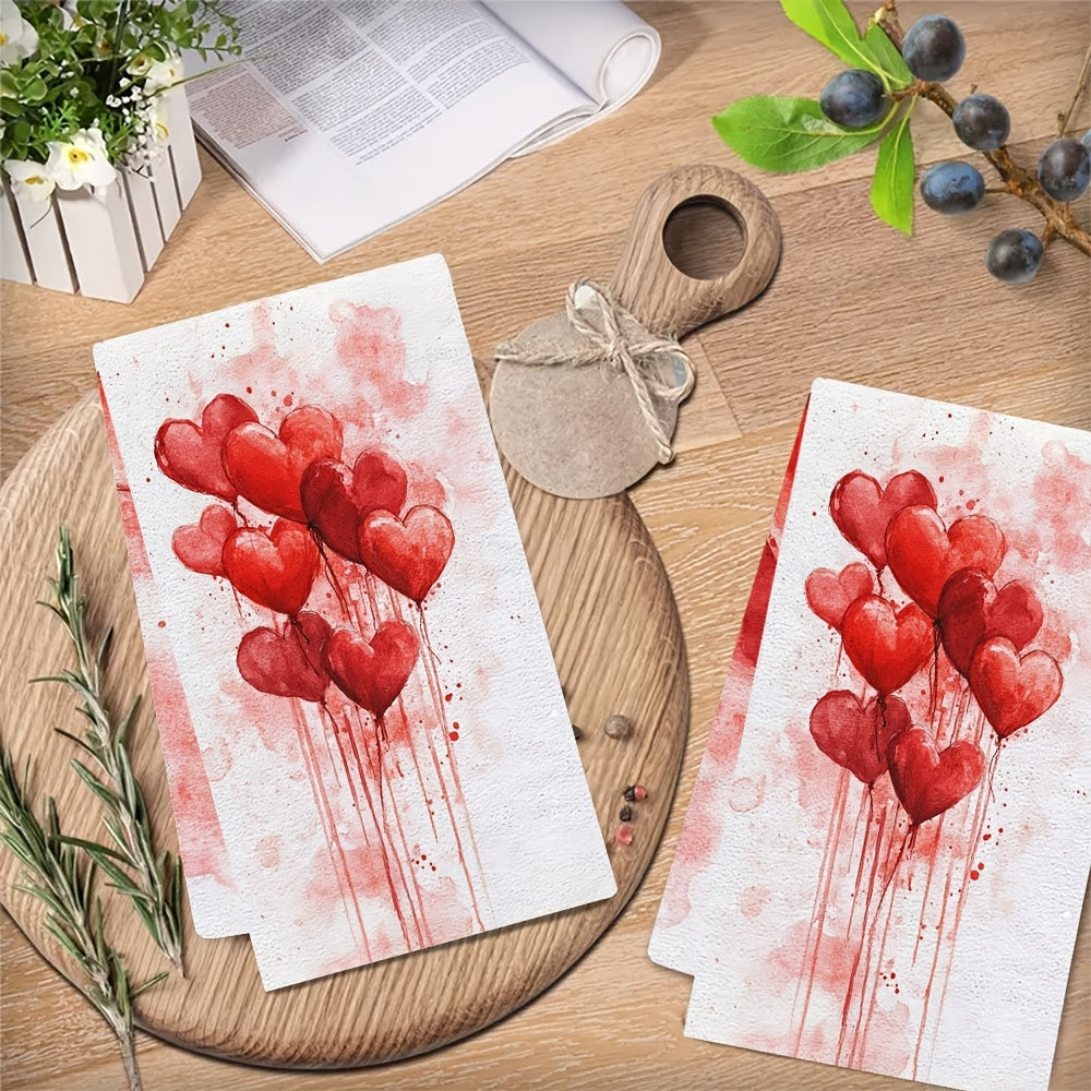 Set of 2 Ultra Soft Polyester Kitchen Towels - Adorned with Romantic Red Hearts, These Highly Absorbent & Machine Washable Dish Hand Towels are Ideal for Adding a Touch of Love to Your Valentine's Day Decor. Sized at 40.64x60.96 cm, these Dish Towels are