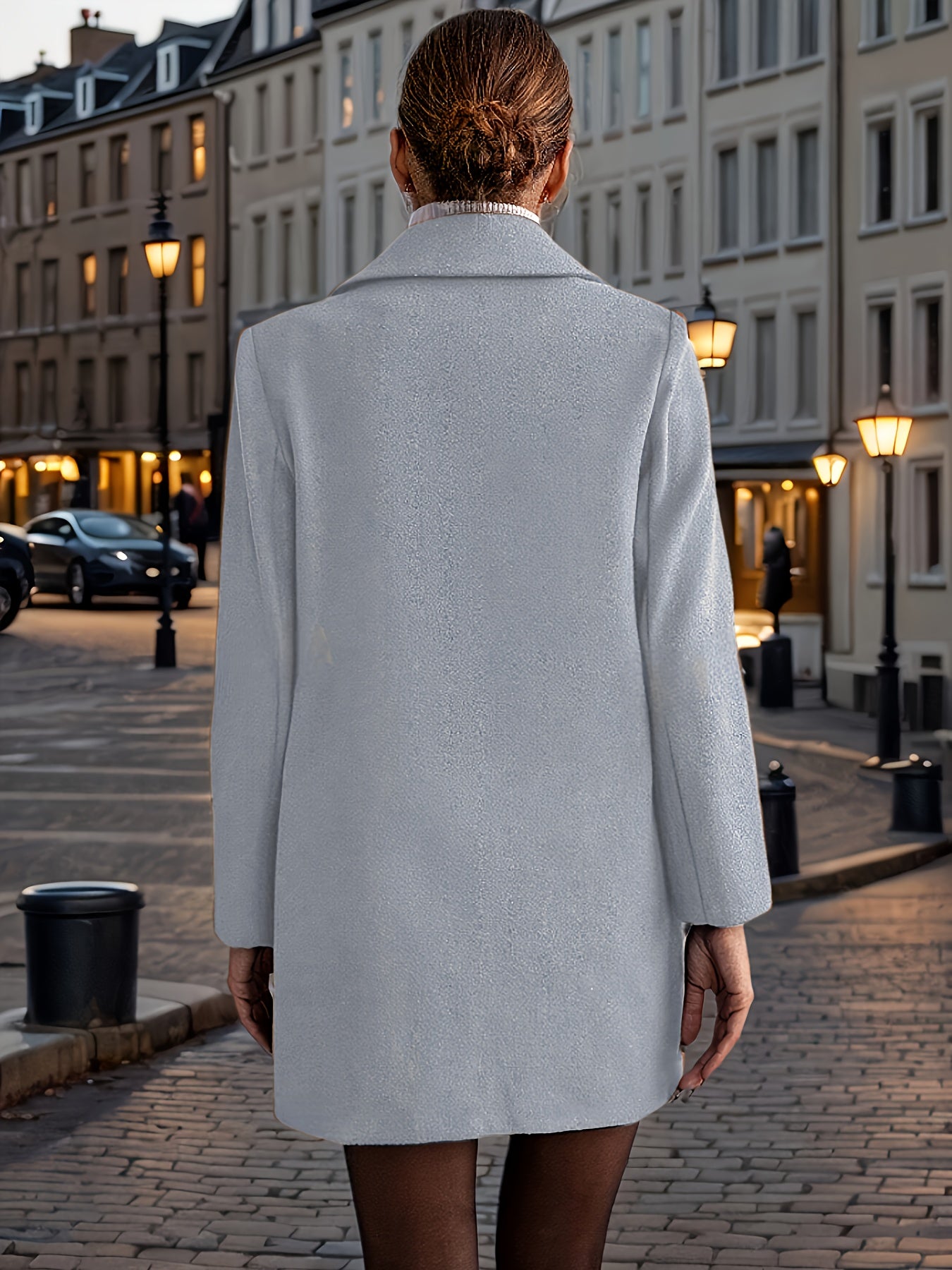 A stylish women's coat with a notched lapel, long sleeves, single-breasted closure, and fake pockets, made of polyester woven fabric for fall/winter outerwear.