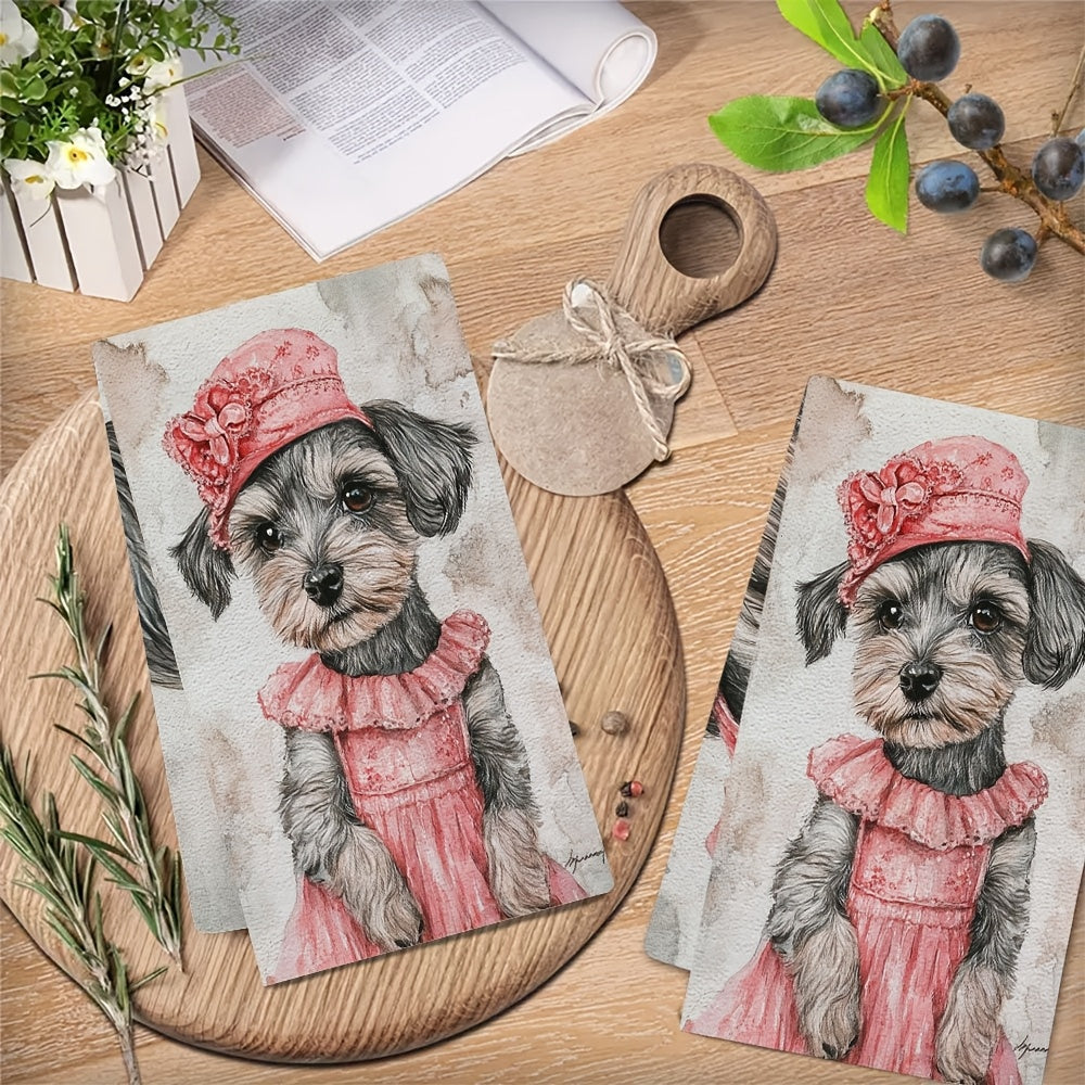 This set includes 2 ultra-soft kitchen towels with a cute Schnauzer puppy dressed up for Valentine's Day. The highly absorbent dish towels are great for holiday décor, machine washable, and measure 40.64x60.96 cm.