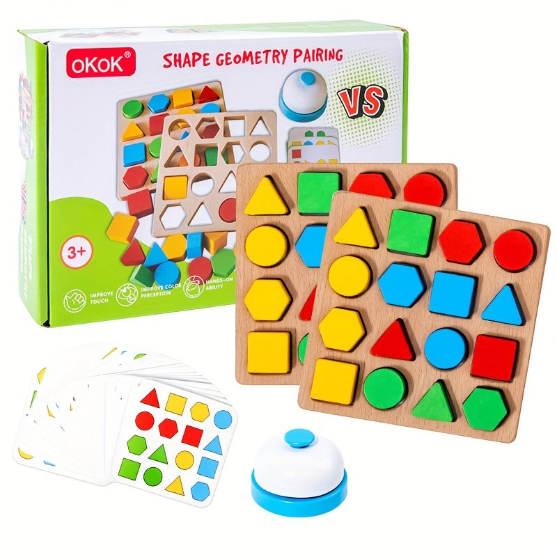 Wooden dual-player battle game with geometric shape matching and building blocks. Enhances youngsters' thinking skills. Colorful two-player desktop competition toy with timer.