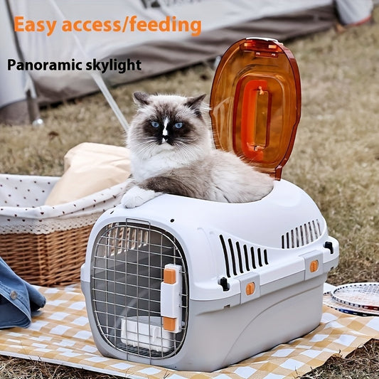 Portable cat carrier box made of PP material with breathable design, safety buckle door, all-season pet travel case, easy access/feeding, panoramic skylight, for home & outdoor use.