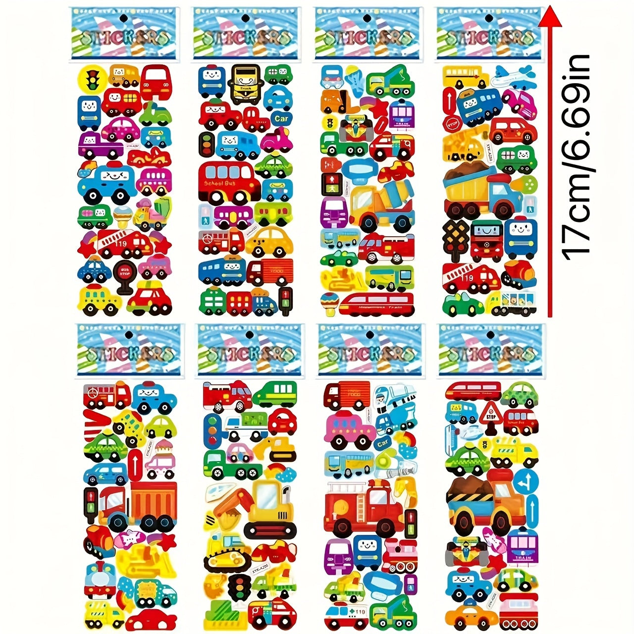 Set of 8 cartoon vehicle stickers featuring 3D Stereoscopic Cars, Fire Trucks, and Excavators. Fun and educational reward stickers in mixed colors, self-adhesive plastic.