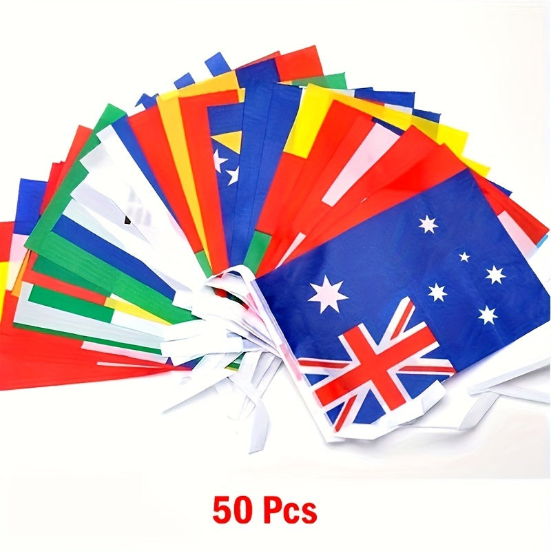 International world flag banner for room decor featuring flags from 25/50/100 countries. Made of non-woven polyester, perfect for various events such as weddings, graduations, beach