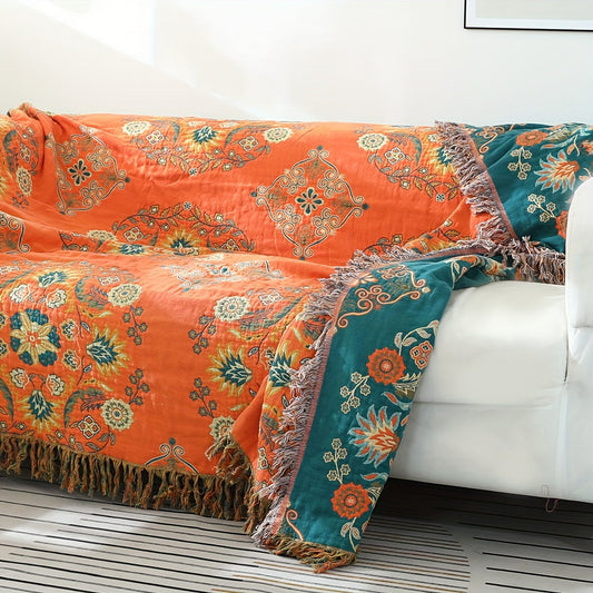 Vintage Floral Pattern Cotton Printed 1pc Sofa Towel Blanket with Tassel - Multi-functional Air Conditioning and Nap Blanket