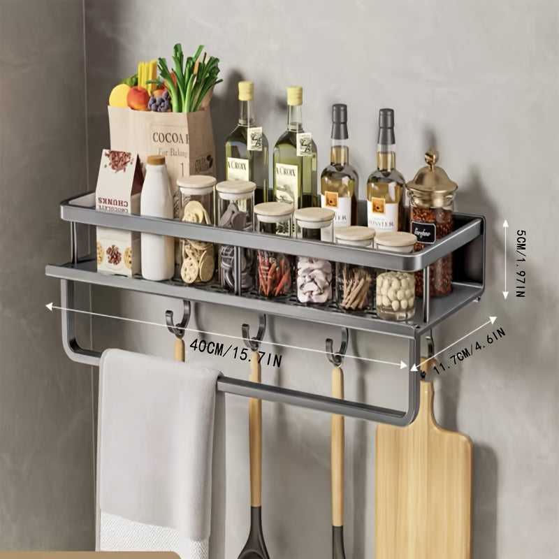 A sleek Aluminum Spice Rack featuring a polished finish, simple wall-mount installation, and versatile design for organizing your kitchen and bathroom essentials. Effortlessly store spices and other cookware with this space-saving, punch-free storage