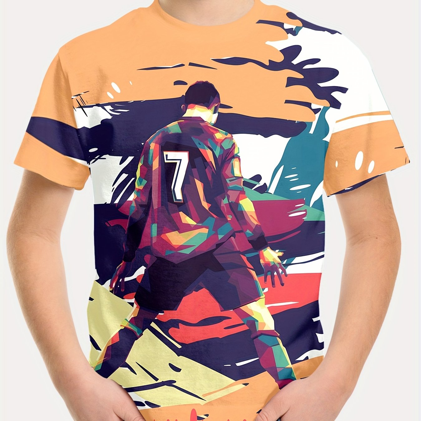 Soccer jersey t-shirt for boys featuring vibrant football player graphic, short sleeve, crew neck, and stretchable polyester fabric, ideal for playtime and outdoor activities.