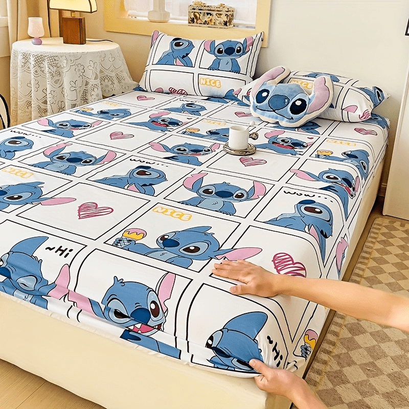 Enhance Your Space with Disney Stitch Themed 3-Piece Bedding Set Including Soft Fitted Sheet, Pillowcases, and Blue Plush Cushion. Made from High Quality Woven Fabric, Ideal for Home, Office, or Guest Room Decor.