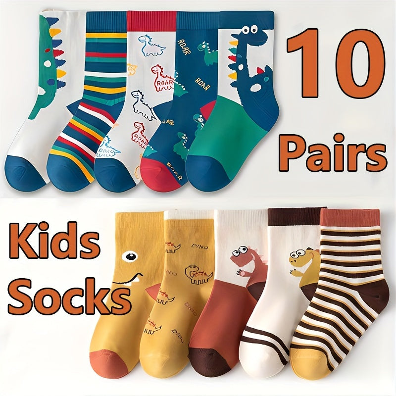 10 pairs of boys' cute dinosaur pattern crew socks, perfect for outdoor activities in the summer.