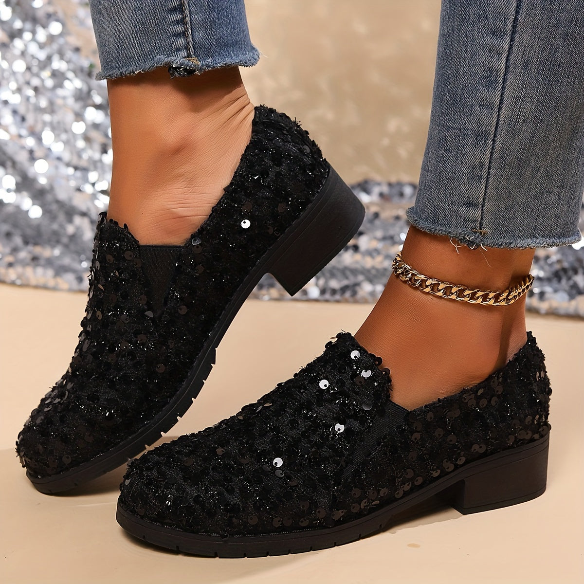 Black sequin loafers with chunky heel, breathable fabric upper, and PU sole; comfortable nurse shoes for all seasons.