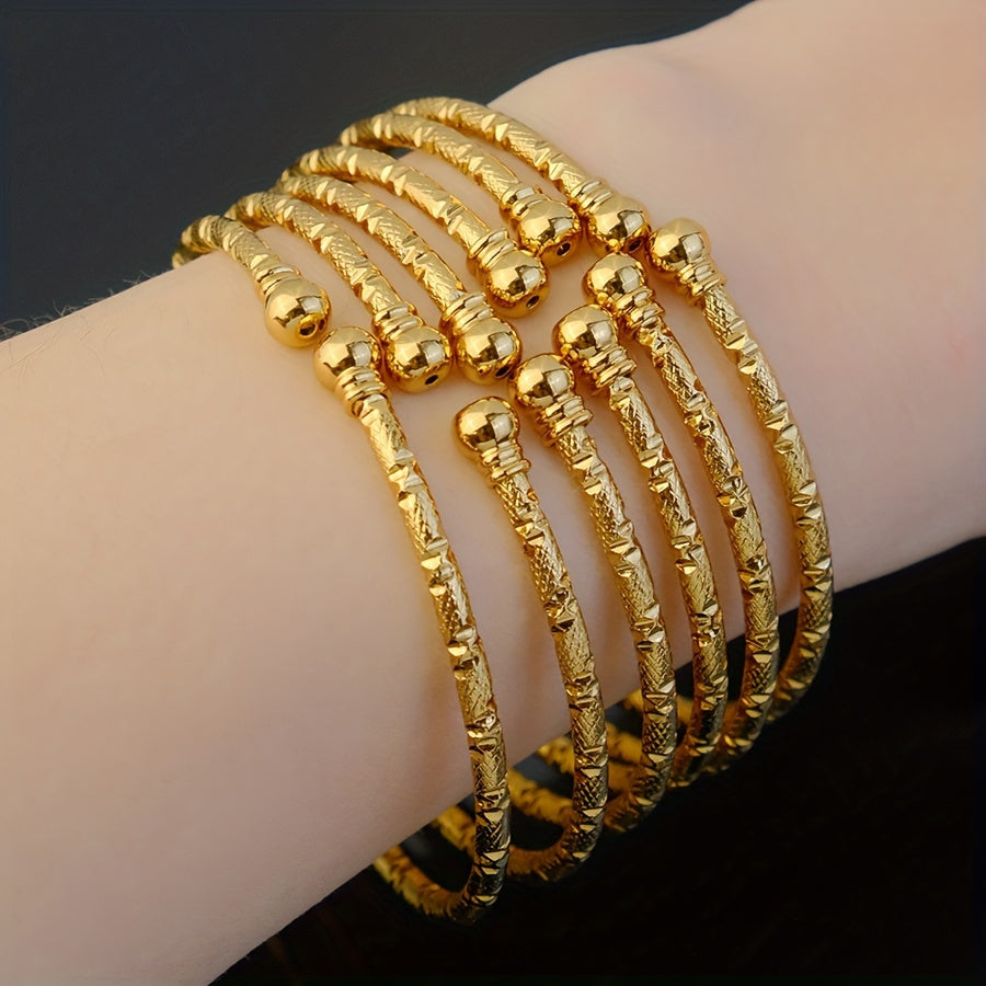 Luxurious 18K Gold Plated Iron Bracelet Set with 6 Pieces, featuring a timeless Middle Eastern double-headed beads design. Perfect for daily wear or special occasions, this Dubai bride jewelry makes an ideal gift for Mother's Day. Versatile and suitable