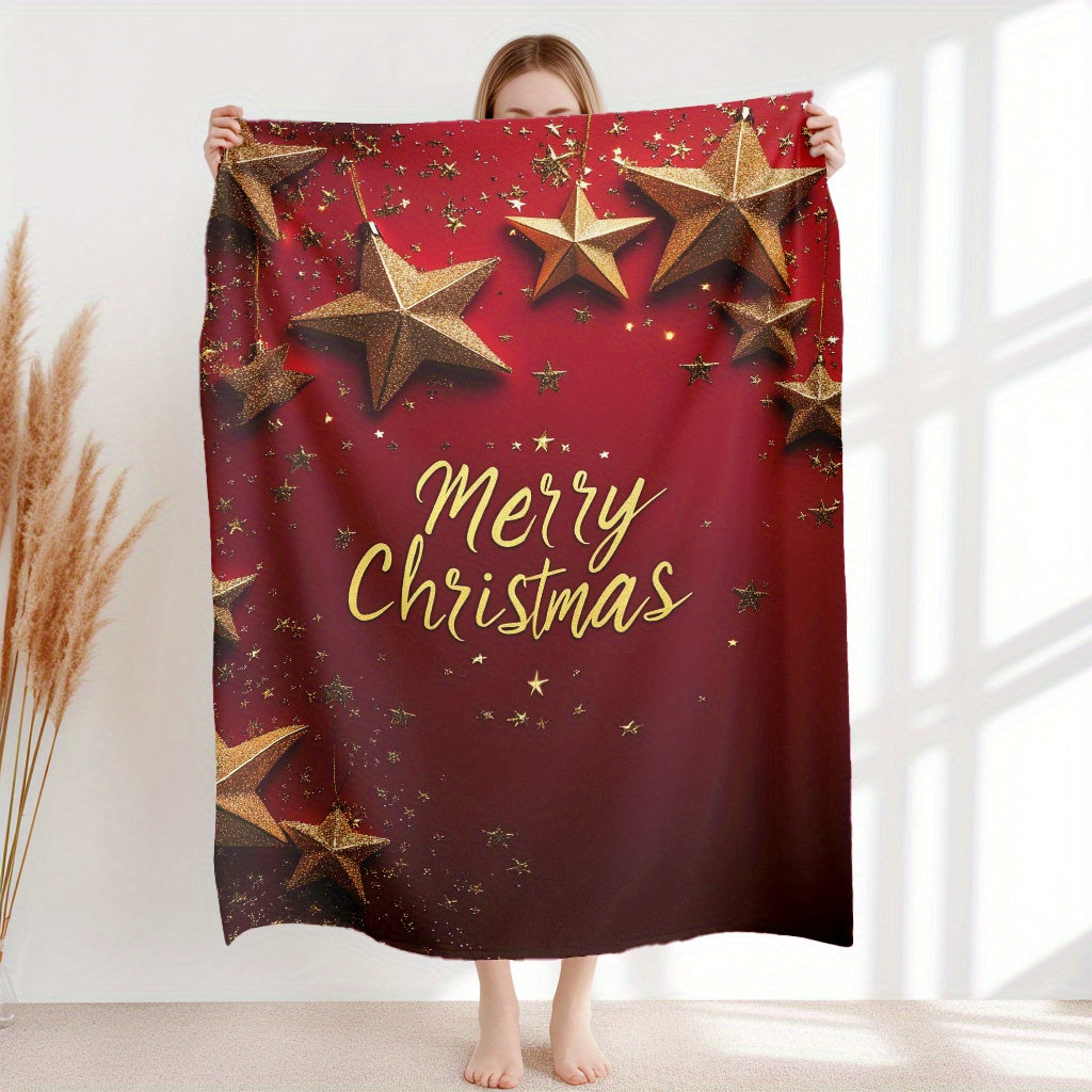 Soft and lightweight, this plush comfort blanket features a star and "Merry Christmas" print. Perfect for home leisure, office naps, or camping and car travel, this blanket is made with durable knit fabric in a contemporary style with mixed colors for