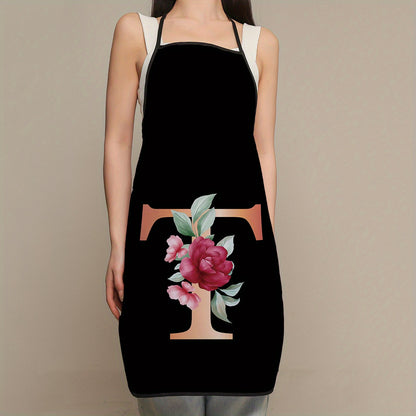 Women's flower and letter printed polyester apron - waterproof, thickened, and cute for household and kitchen use.