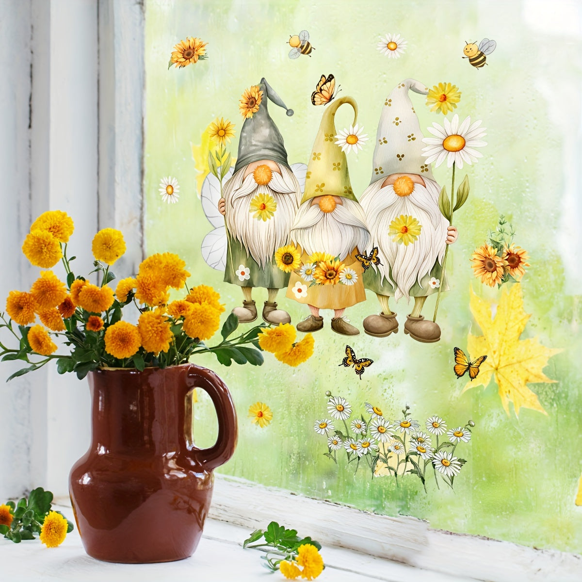 Add a touch of whimsy with this charming Bee & Gnome Elder Sunflower Daisy Electrostatic Window Cling. Made of durable, double-sided, reusable PVC sticker that is 5mil thick for vibrant home decor. Featuring a playful Gnome design and Sunflower Daisy