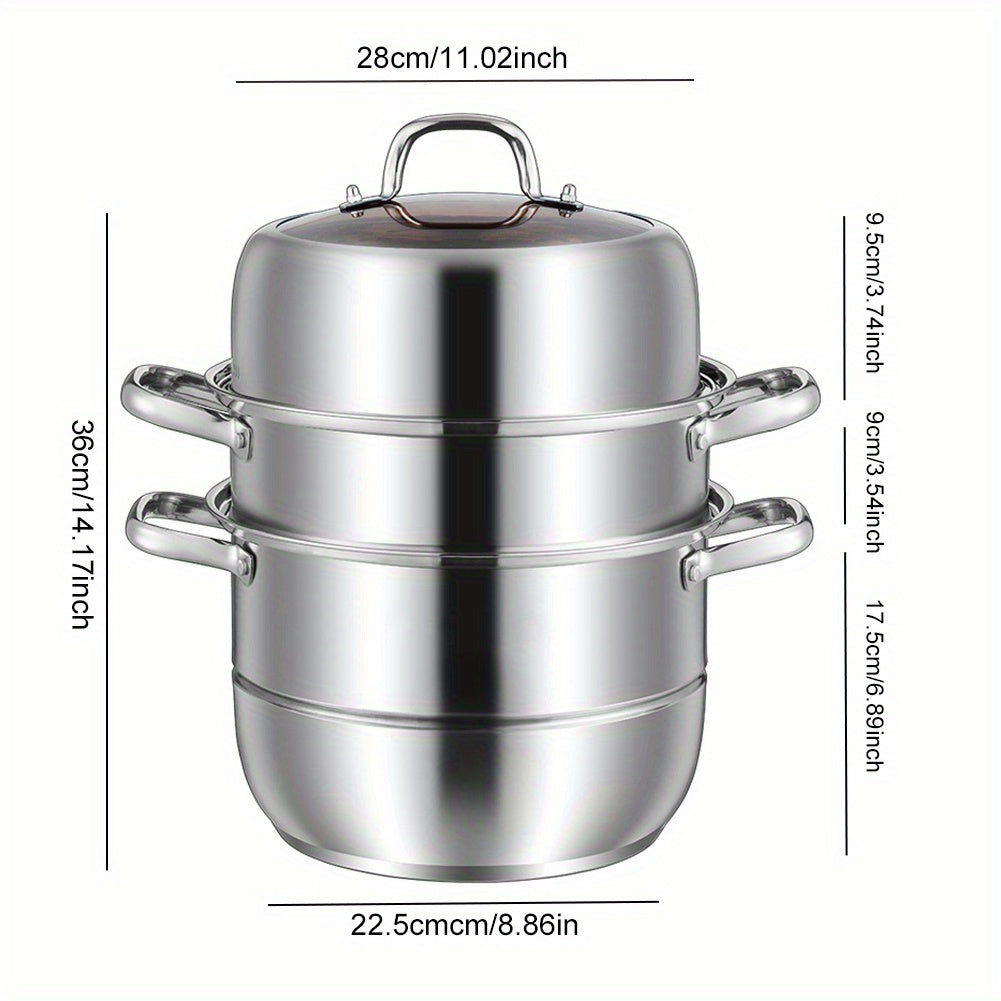 Three-tiered stainless steel steamer pot with a tempered glass lid, measuring 27.94cm in size. Features a thick bottom for cooking vegetables, dumplings, and other dishes in a healthy manner.