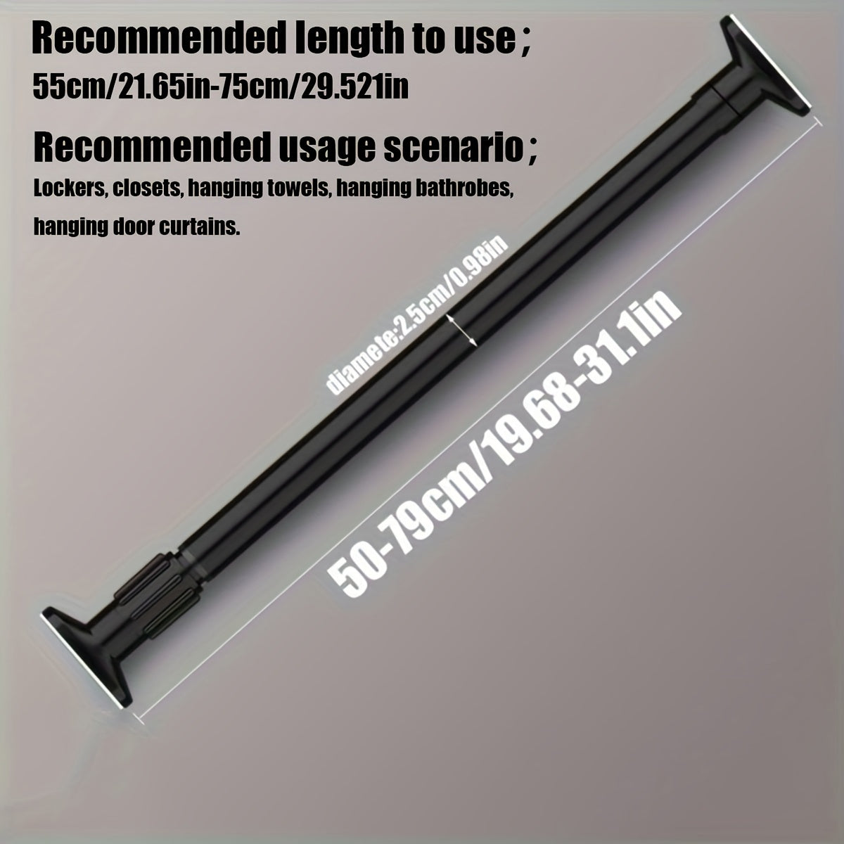 Adjustable tension curtain rod for shower, closet, window, or towel rack. Heavy-duty, no-drill, metal and plastic.