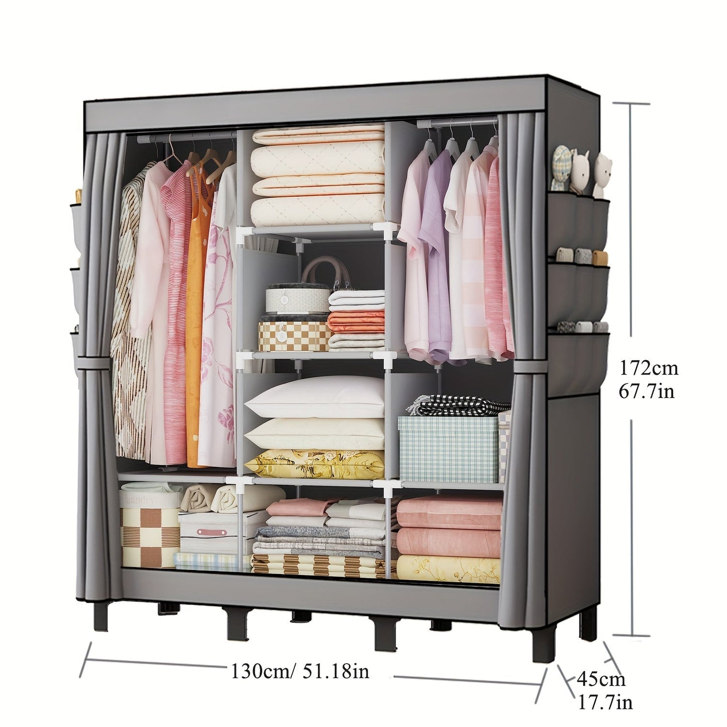 Introducing the OUMYJIA 1m3 Black Simple Fabric Wardrobe with Side Pockets! This versatile home storage organizer is a must-have for any living space. From hanging clothes to storing shoes, this multi-functional clothing rack is perfect for rent houses