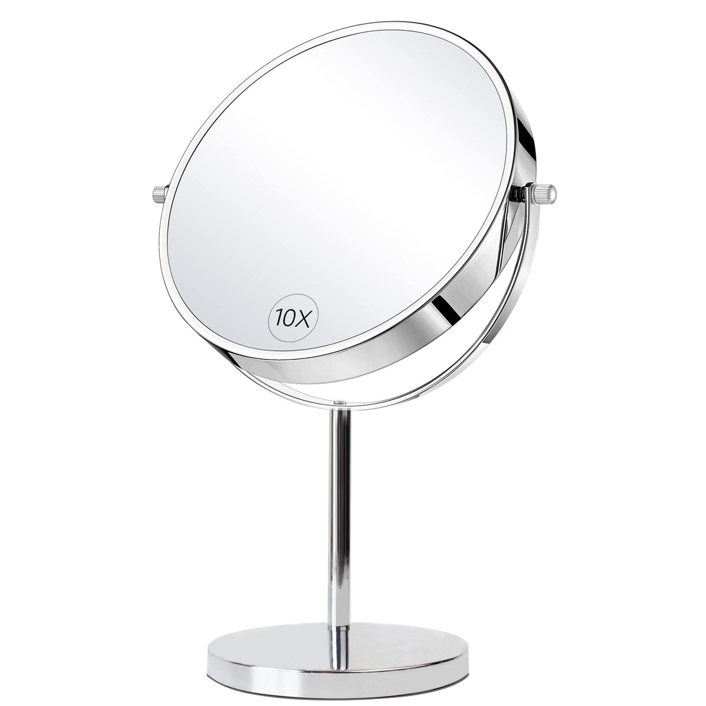 Double-sided magnifying makeup mirror with 10X/1X magnification. Rotate 360 degrees for use in desktop, bathroom, and office.