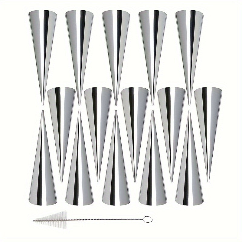 Set of 30 stainless steel cone-shaped molds for making croissants, cannolis, cream rolls, puffs, waffle cones, and more baking supplies and kitchen gadgets.