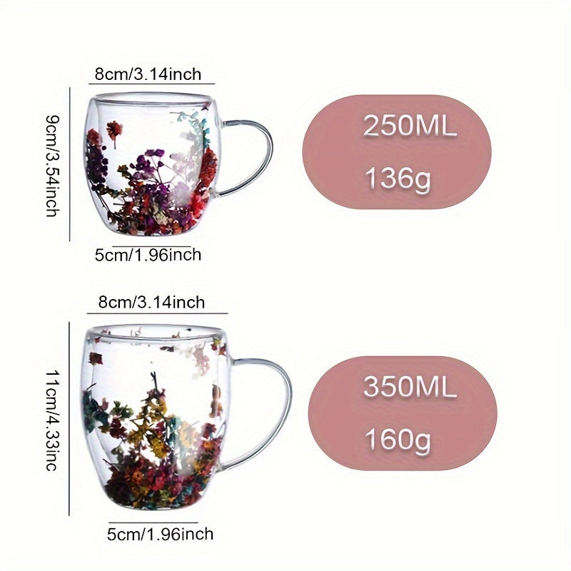 Stylish Double-Wall Glass Coffee Mug adorned with Vibrant Dry Flowers - Holds 250-350ml - BPA-Free - Hand-Wash Only - Great for Hot & Cold Drinks - Non-Slip Design - Perfect Christmas Gift - Ideal for Coffee Lovers & Coffee Bars